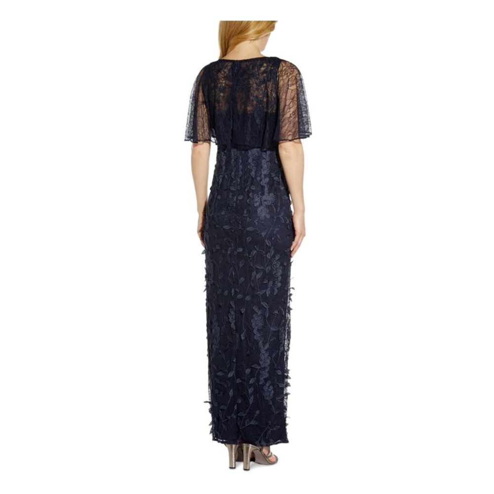 ADRIANNA PAPELL Womens Navy Side Slit  Lined Flutter Sleeve Maxi Formal Dress 14 - Picture 2 of 5